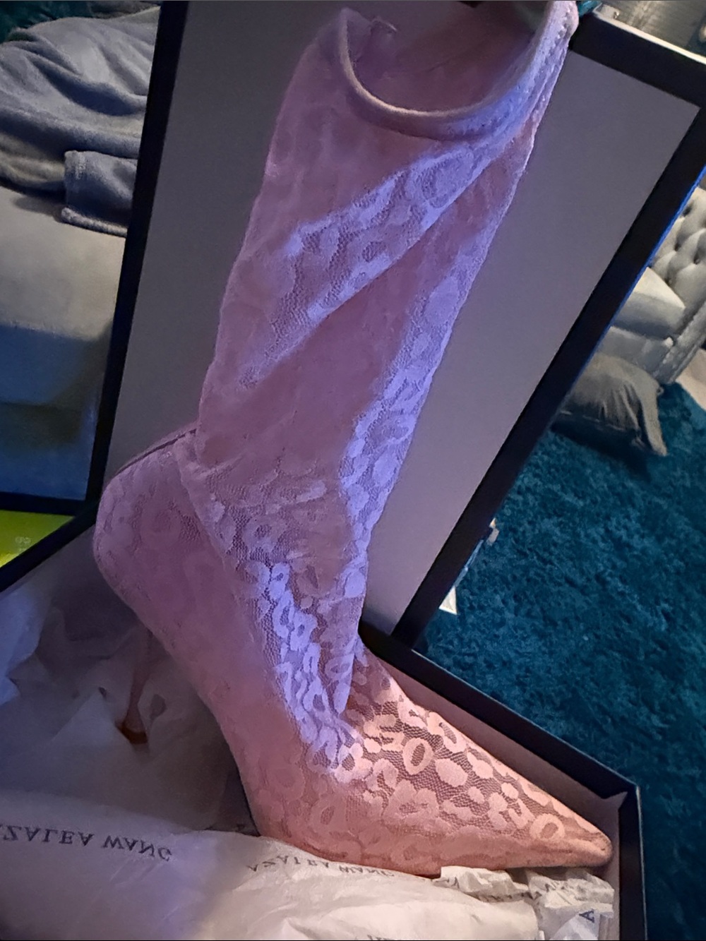 Lace-Overlay Pointed Toe Heeled Boot in Light Pink